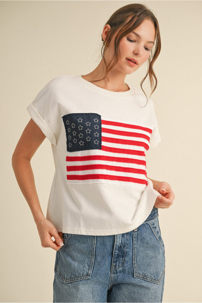 JODIFL White Cuffed Short Sleeves Patch American Flag Top