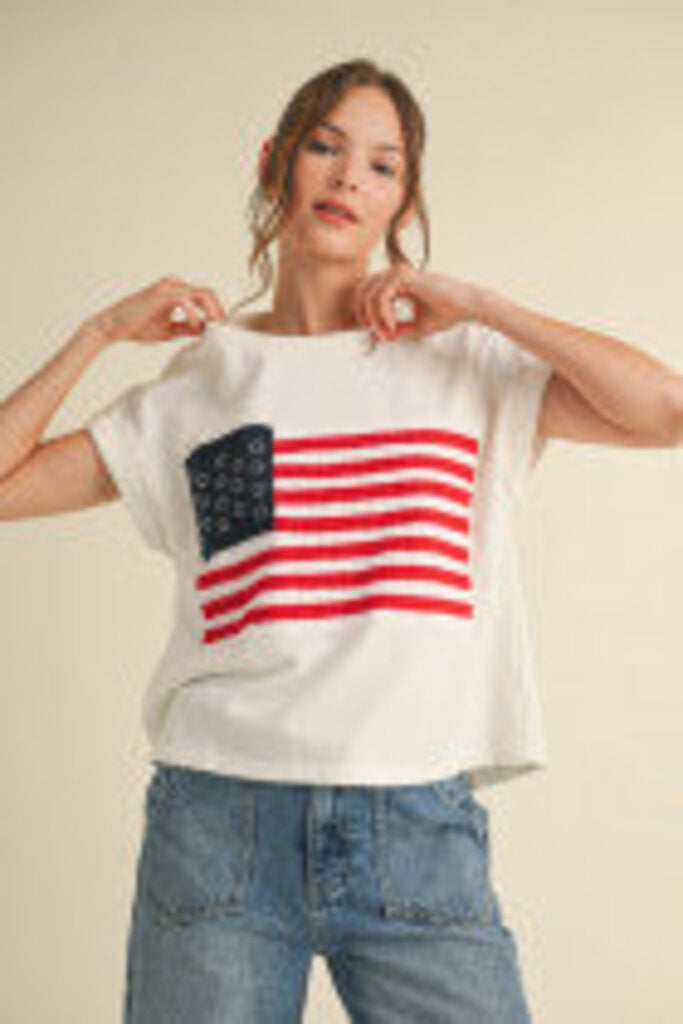 JODIFL White Cuffed Short Sleeves Patch American Flag Top
