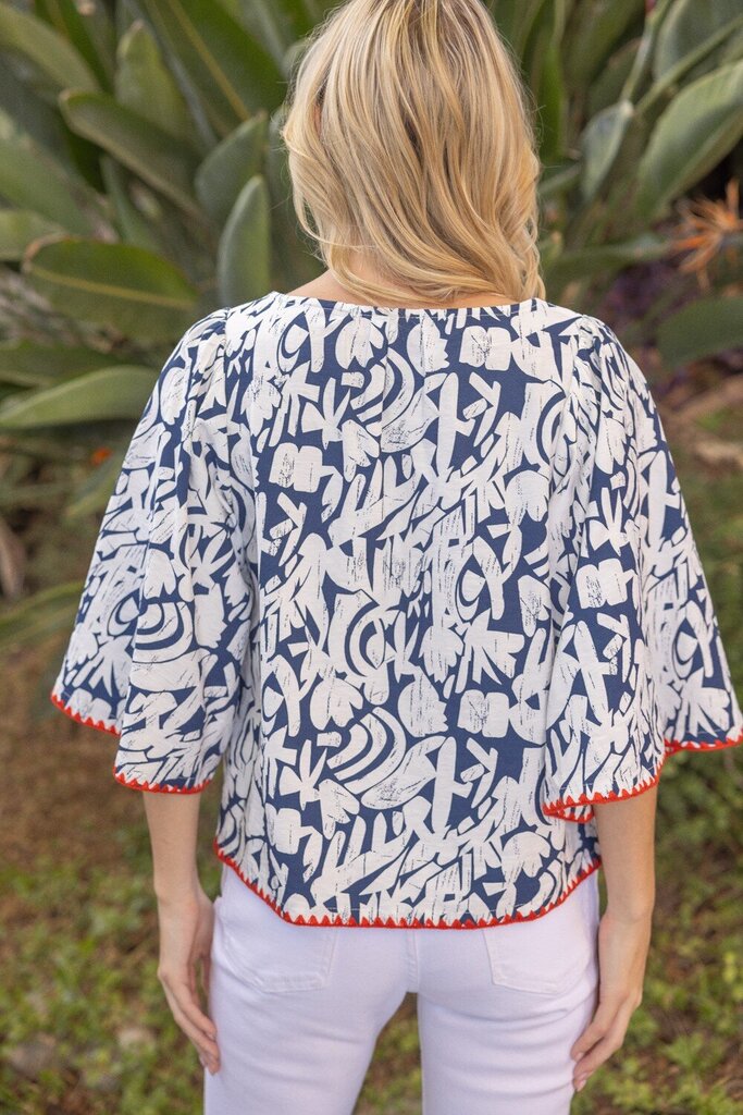 VOY White and Navy Wide Sleeve Button Down Top