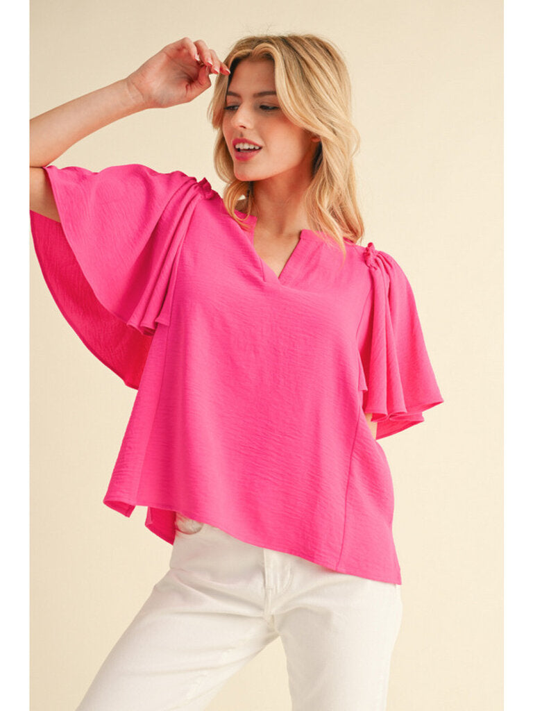 JODIFL Pink Short Sleeve Split Neck Top
