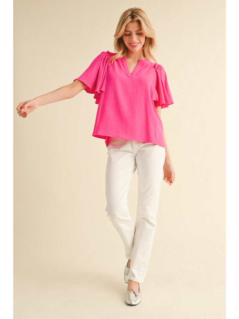 JODIFL Pink Short Sleeve Split Neck Top