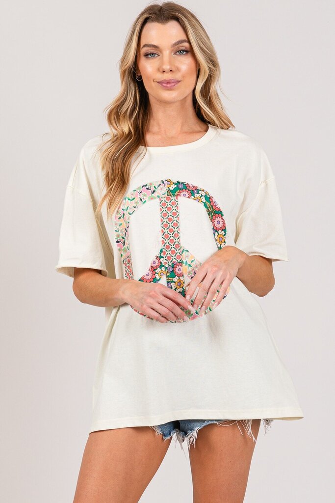 SAGE & FIG Cream Short Sleeve Multi Floral Peace Applique Cotton Top
