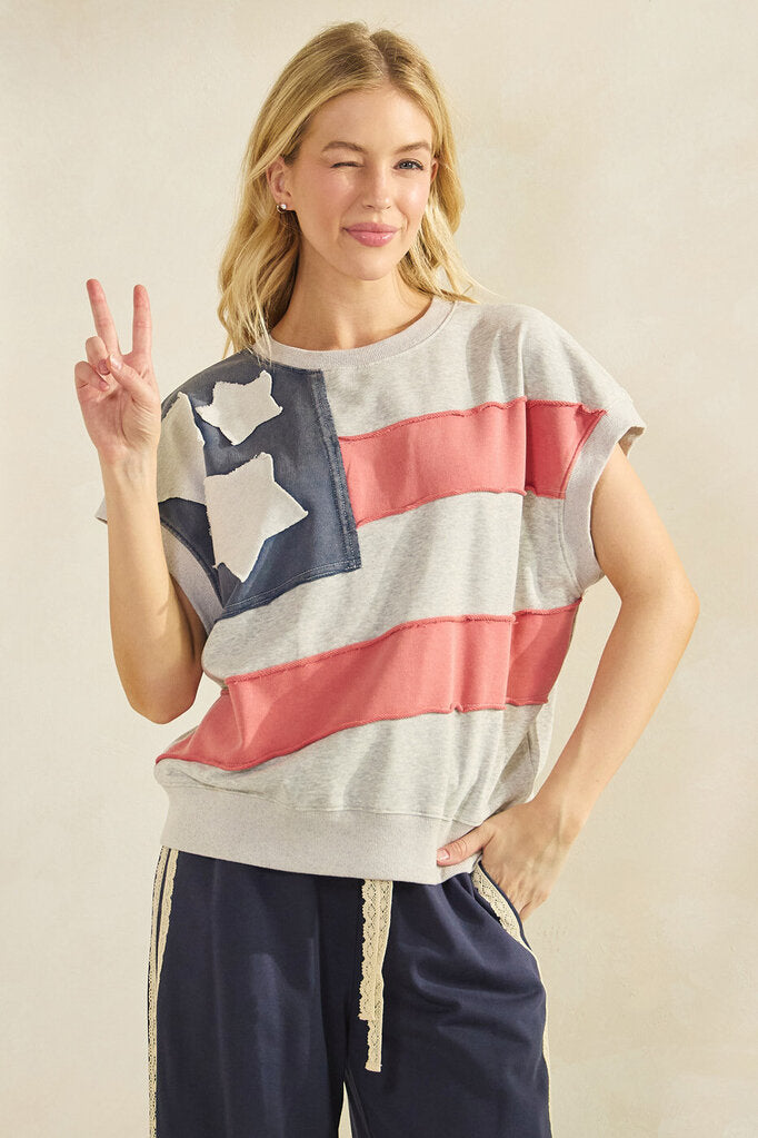 MITTOSHOP Heather Grey Short Sleeve French Terry Patch Stars and Stripe Top