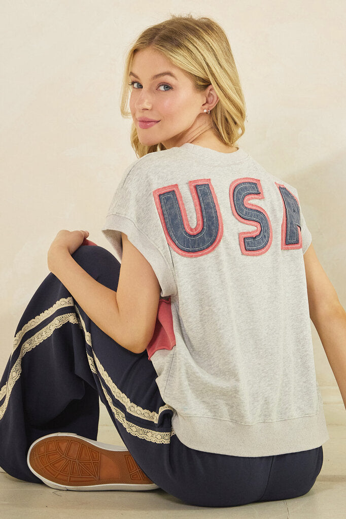 MITTOSHOP Heather Grey Short Sleeve French Terry Patch Stars and Stripe Top