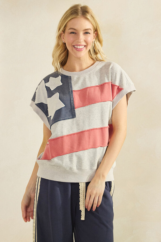 MITTOSHOP Heather Grey Short Sleeve French Terry Patch Stars and Stripe Top