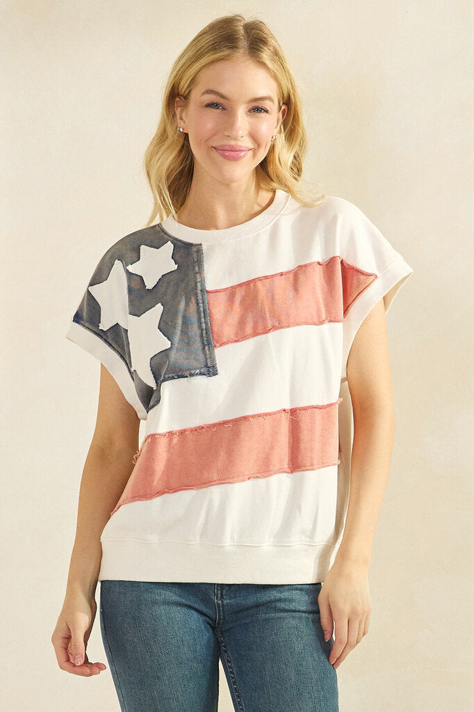 MITTOSHOP White Short Sleeve French Terry Patch Stars and Stripe Top
