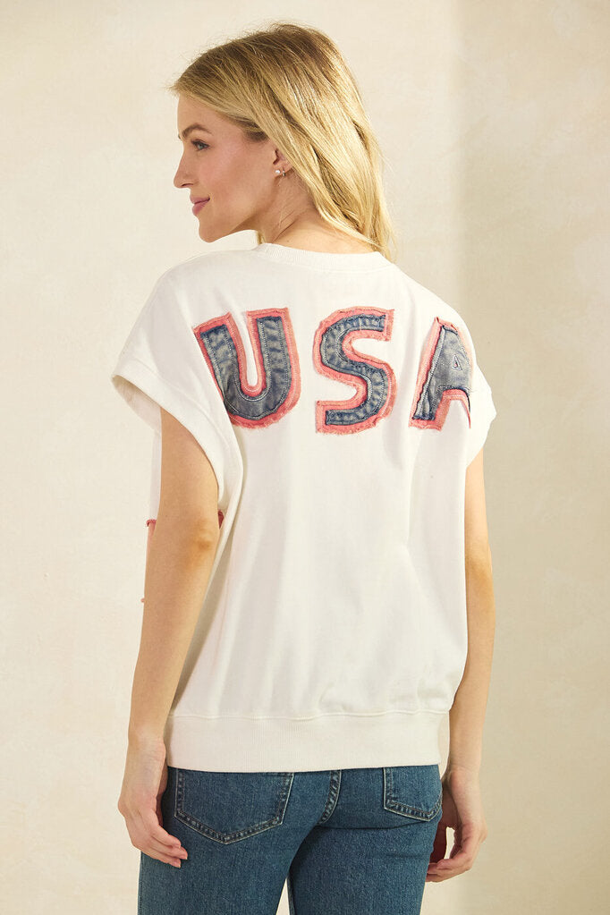MITTOSHOP White Short Sleeve French Terry Patch Stars and Stripe Top