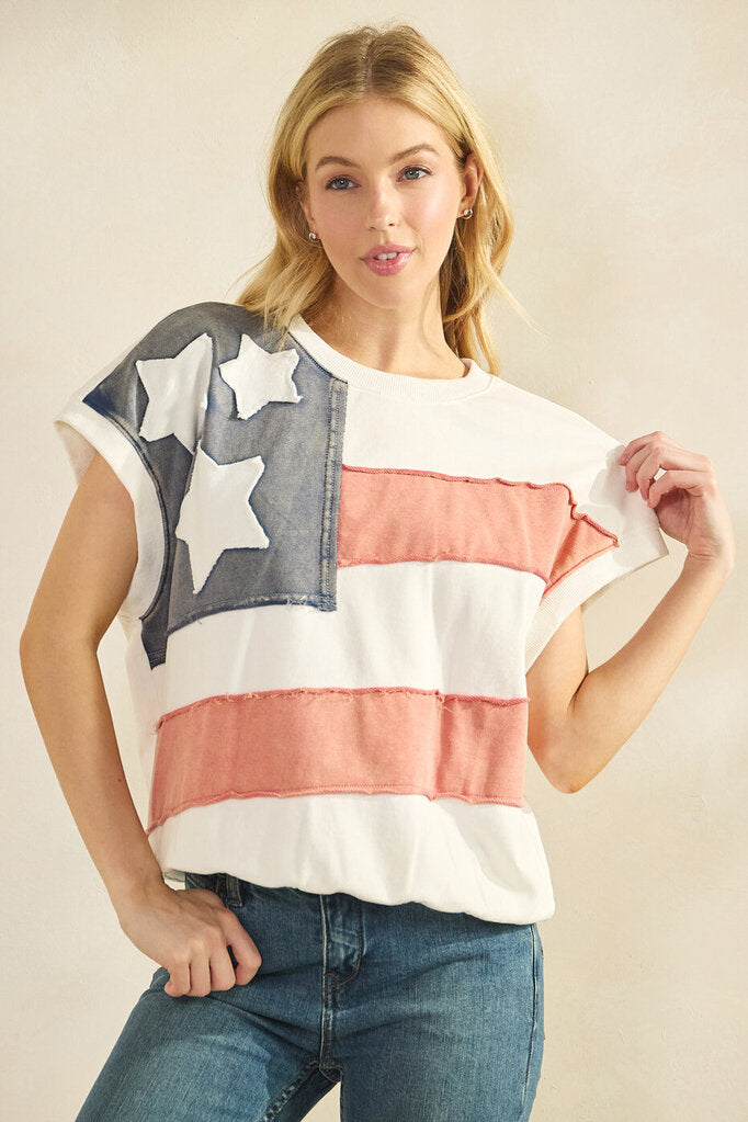 MITTOSHOP White Short Sleeve French Terry Patch Stars and Stripe Top