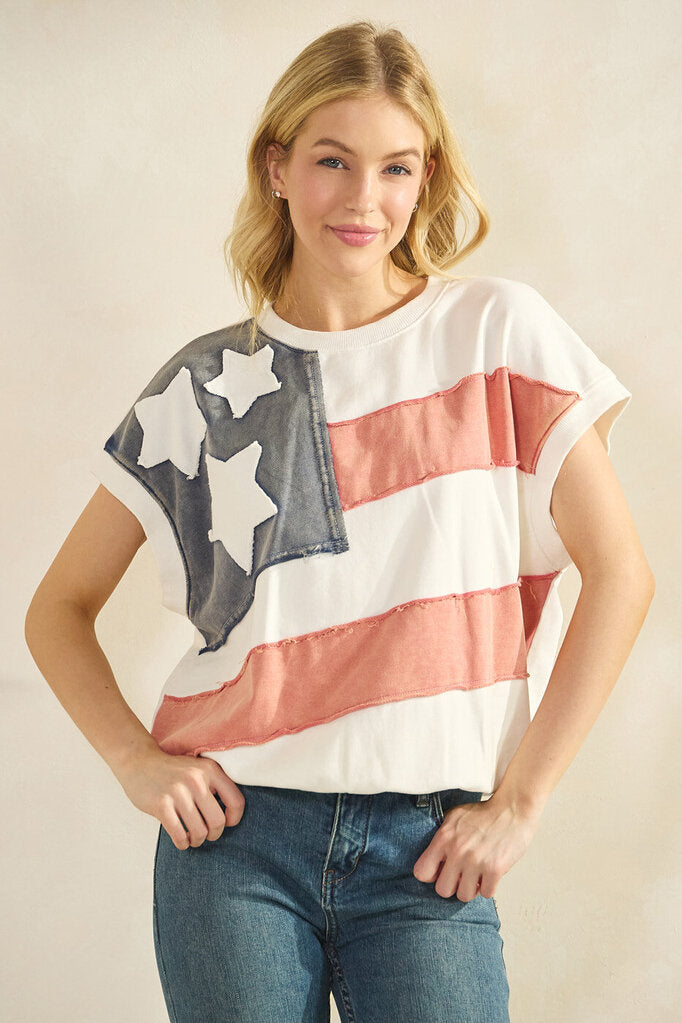 MITTOSHOP White Short Sleeve French Terry Patch Stars and Stripe Top
