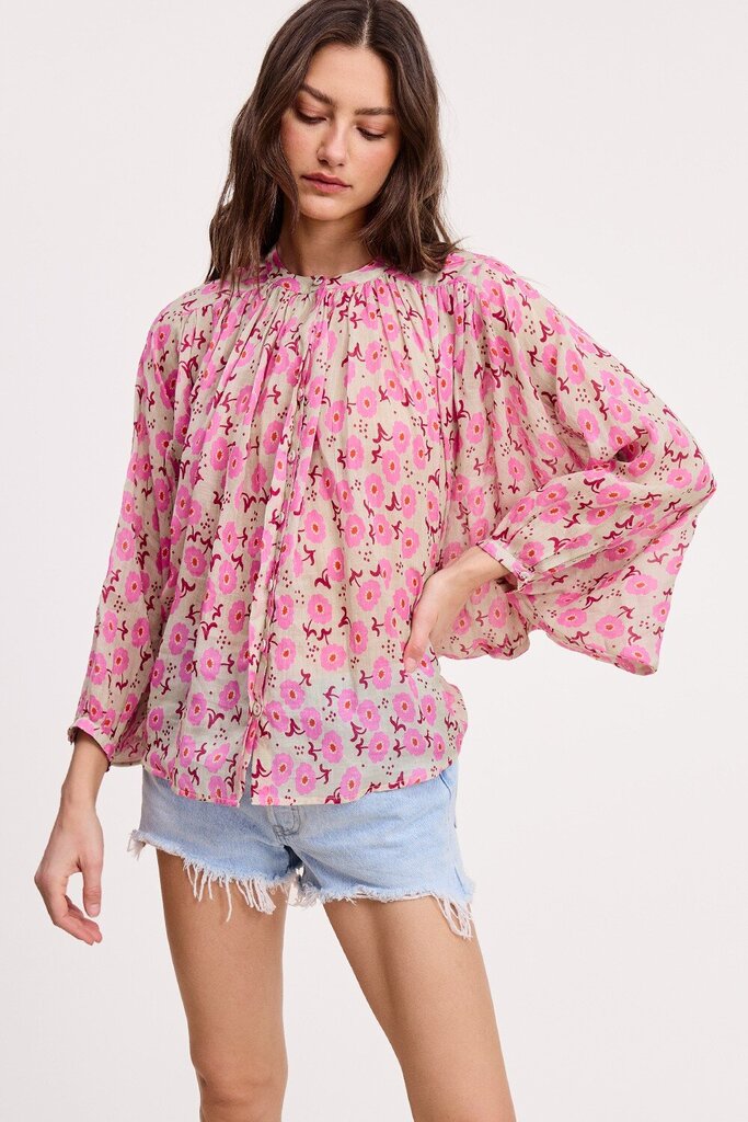 ULTRAMARINE Linen Tan and Pink Foral Button Down Dolman Sleeve Top