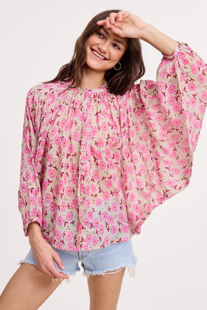 ULTRAMARINE Linen Tan and Pink Foral Button Down Dolman Sleeve Top