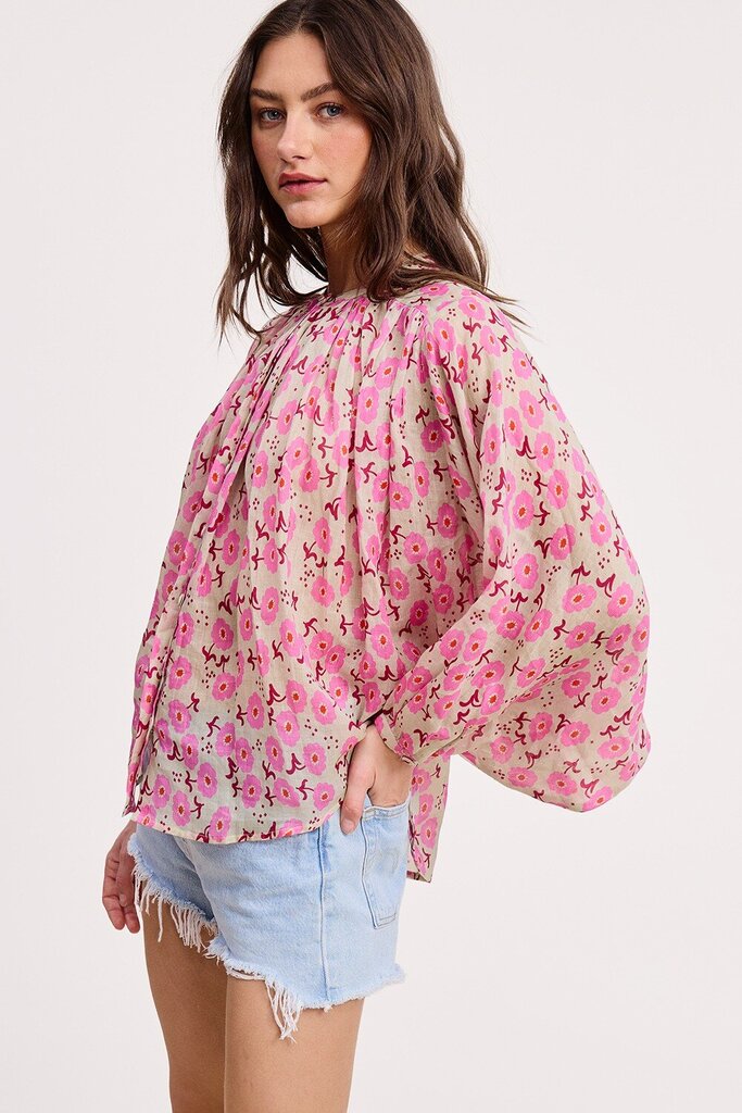 ULTRAMARINE Linen Tan and Pink Foral Button Down Dolman Sleeve Top