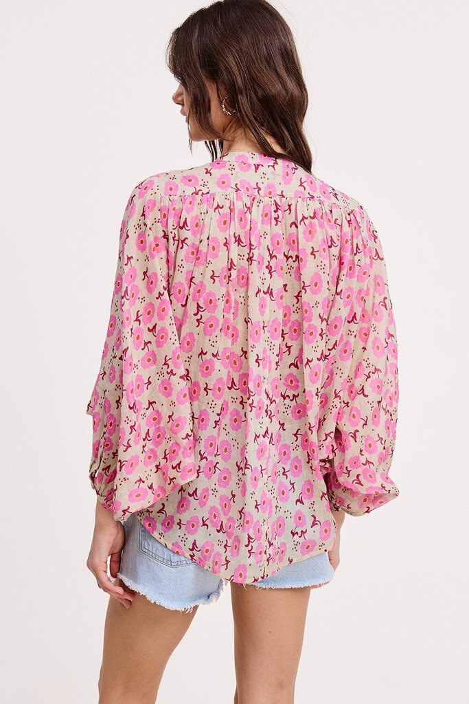 ULTRAMARINE Linen Tan and Pink Foral Button Down Dolman Sleeve Top