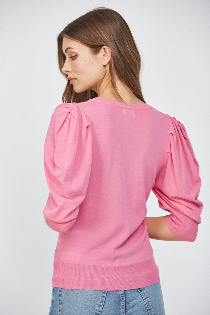 FATE Pink Puff Sleeve V-neck Pull Over Top