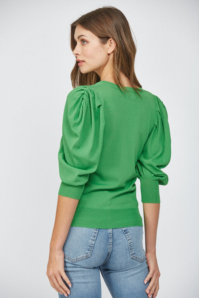 FATE Green Puff Sleeve V-neck Pull Over Top