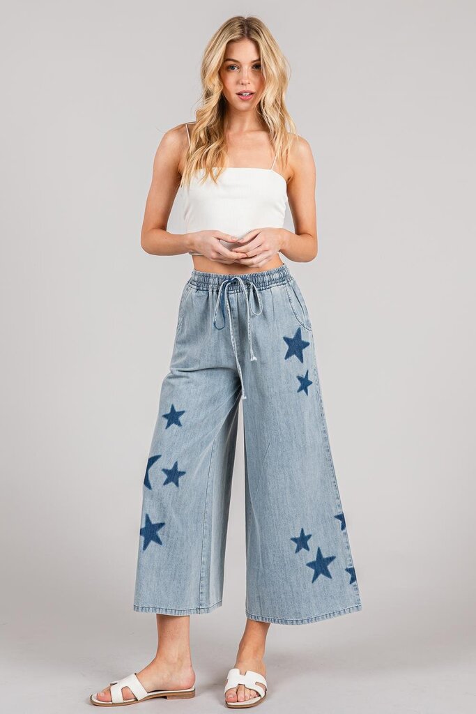 SAGE & FIG Wide Leg Cotton Star Print Elastic Waist Pant