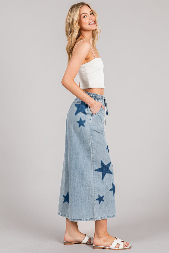 SAGE & FIG Wide Leg Cotton Star Print Elastic Waist Pant
