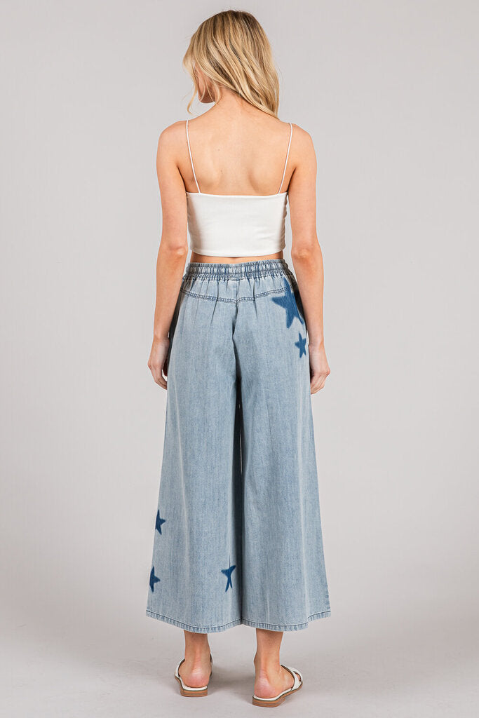 SAGE & FIG Wide Leg Cotton Star Print Elastic Waist Pant