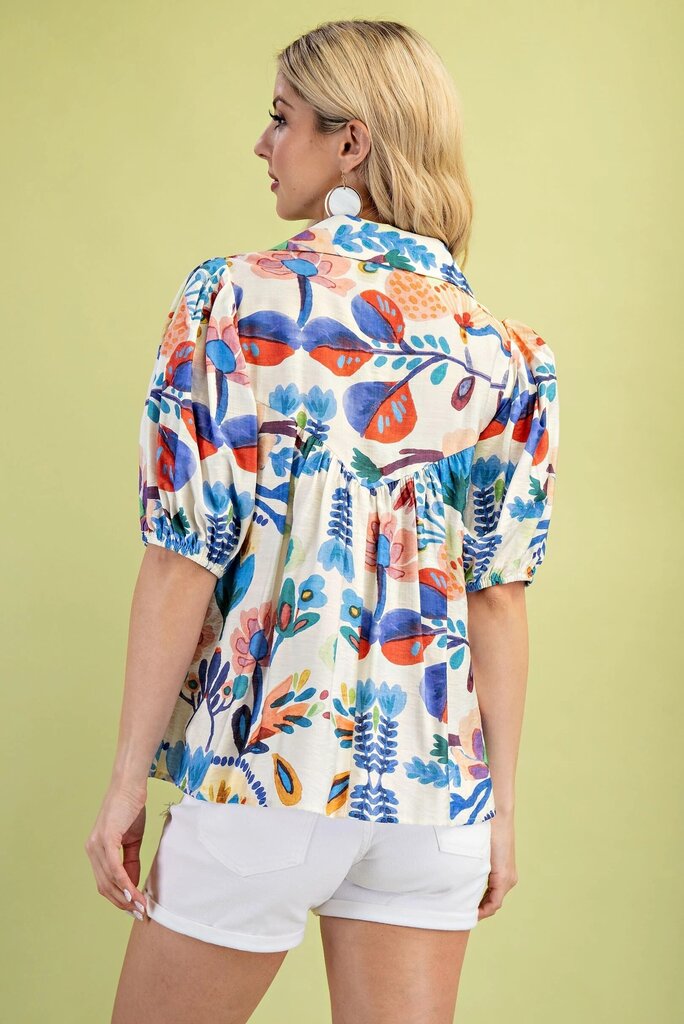 GIGIO Blue Mix Short Sleeve Collared Top