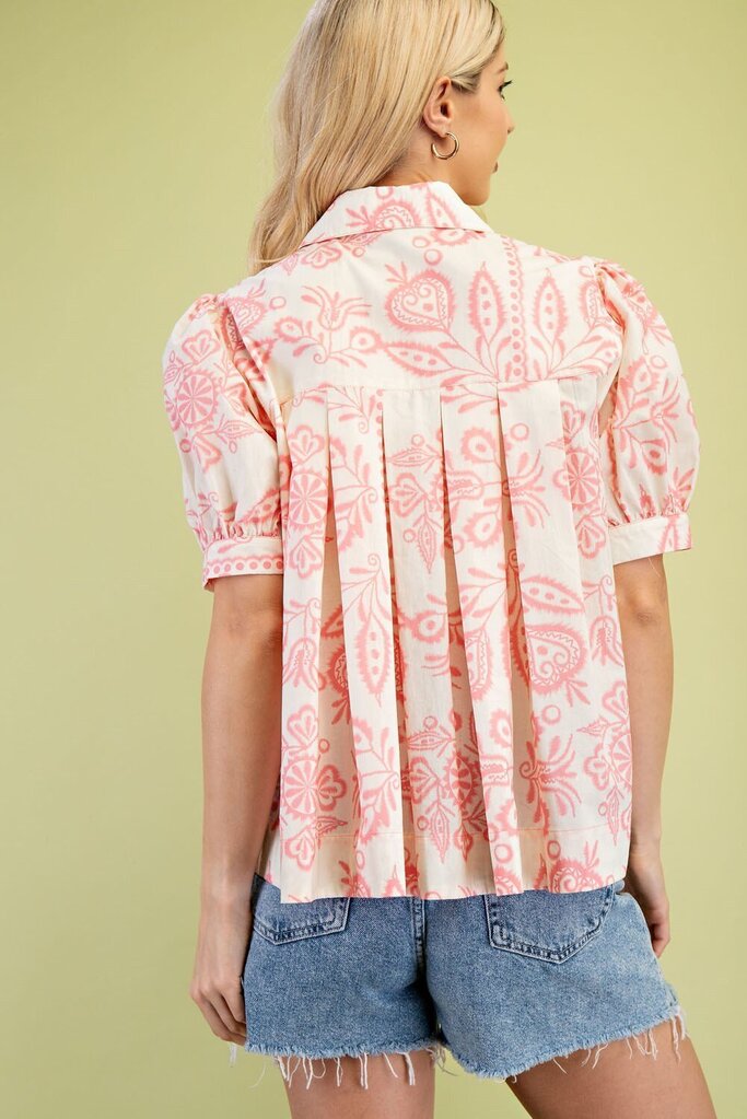 GIGIO Cream and Pink Cotton Short Sleeve Button Up Top