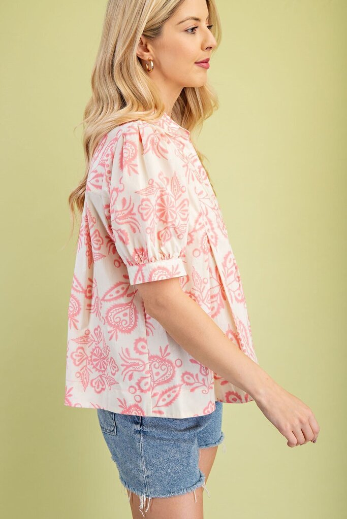 GIGIO Cream and Pink Cotton Short Sleeve Button Up Top