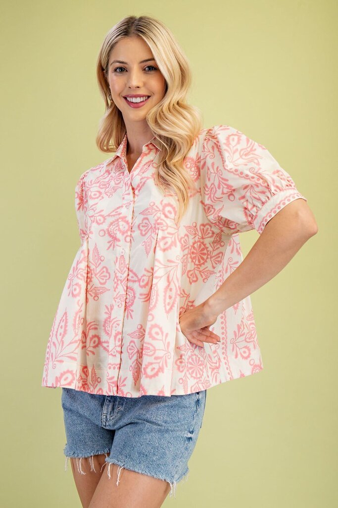GIGIO Cream and Pink Cotton Short Sleeve Button Up Top