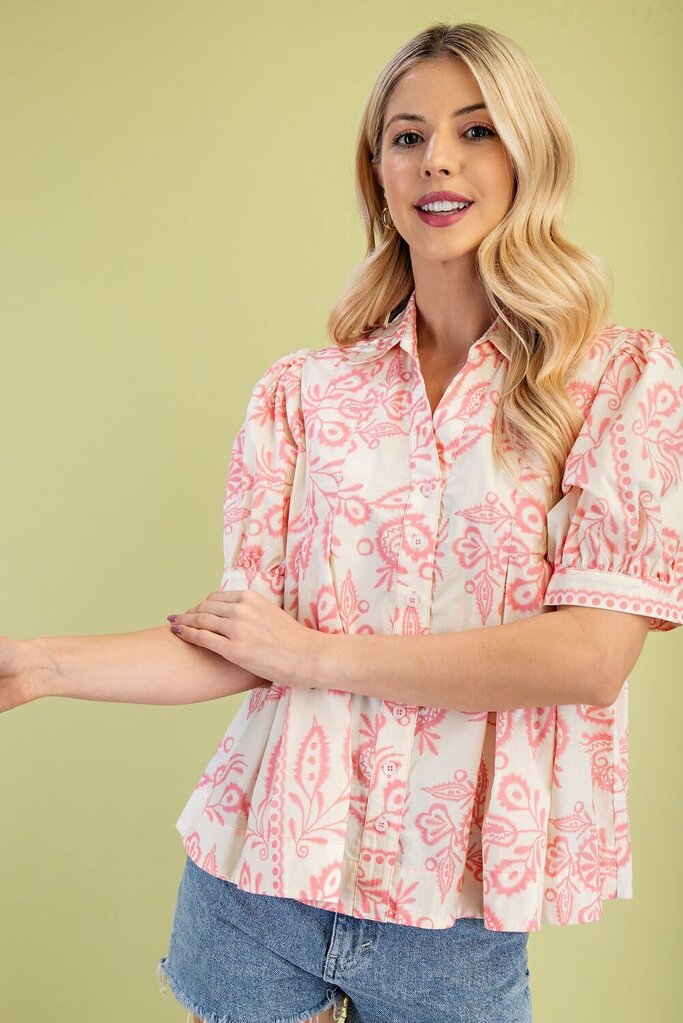 GIGIO Cream and Pink Cotton Short Sleeve Button Up Top