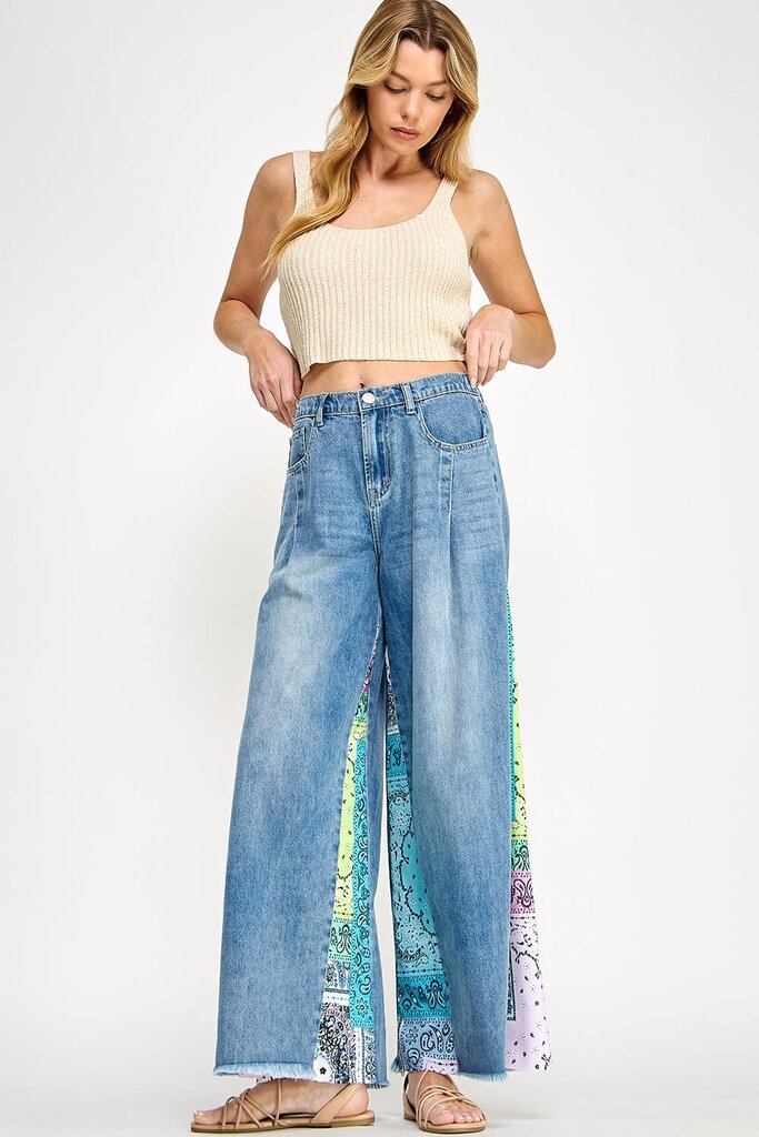 SAGE & FIG DENIM PALAZZO PANTS WITH PAISLEY PRINT SIDE