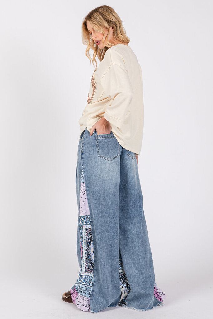 SAGE & FIG DENIM PALAZZO PANTS WITH PAISLEY PRINT SIDE