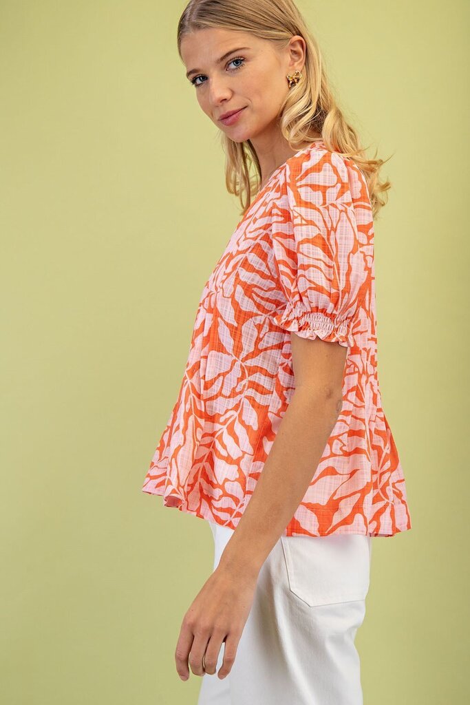 GIGIO Tangerine and Blush Printed Short Sleeve Top