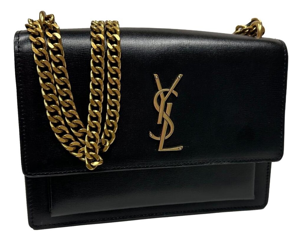 YSL Black Leather Chain Strap Shoulder or Crossbody Sunset Bag