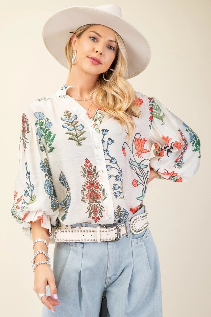 GIGIO White Mid Sleeve Printed Button Down Top