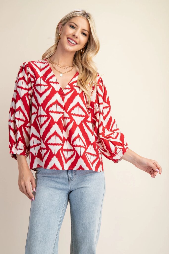 GIGIO Maroon and Cream Mid Sleeve Printed V-Neck Top