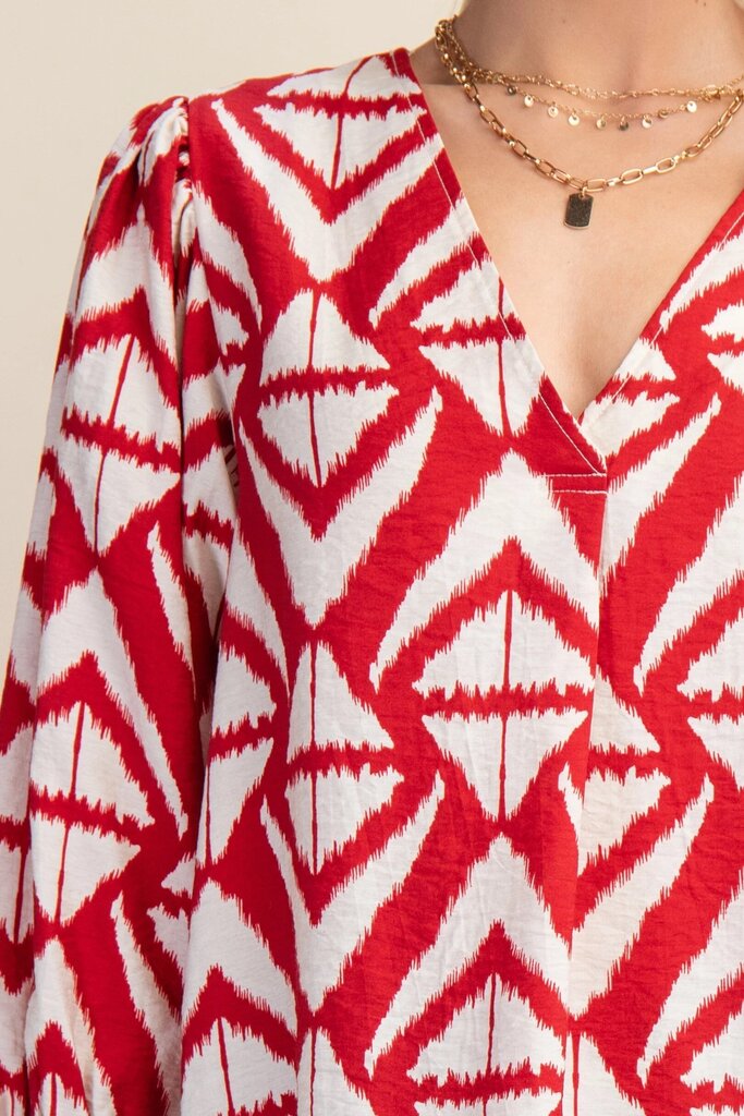 GIGIO Maroon and Cream Mid Sleeve Printed V-Neck Top