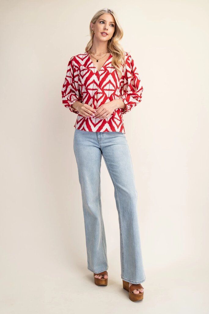 GIGIO Maroon and Cream Mid Sleeve Printed V-Neck Top