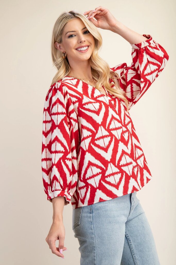 GIGIO Maroon and Cream Mid Sleeve Printed V-Neck Top