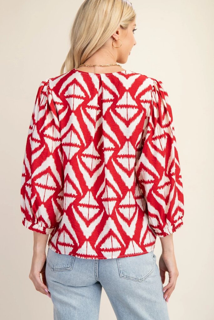 GIGIO Maroon and Cream Mid Sleeve Printed V-Neck Top