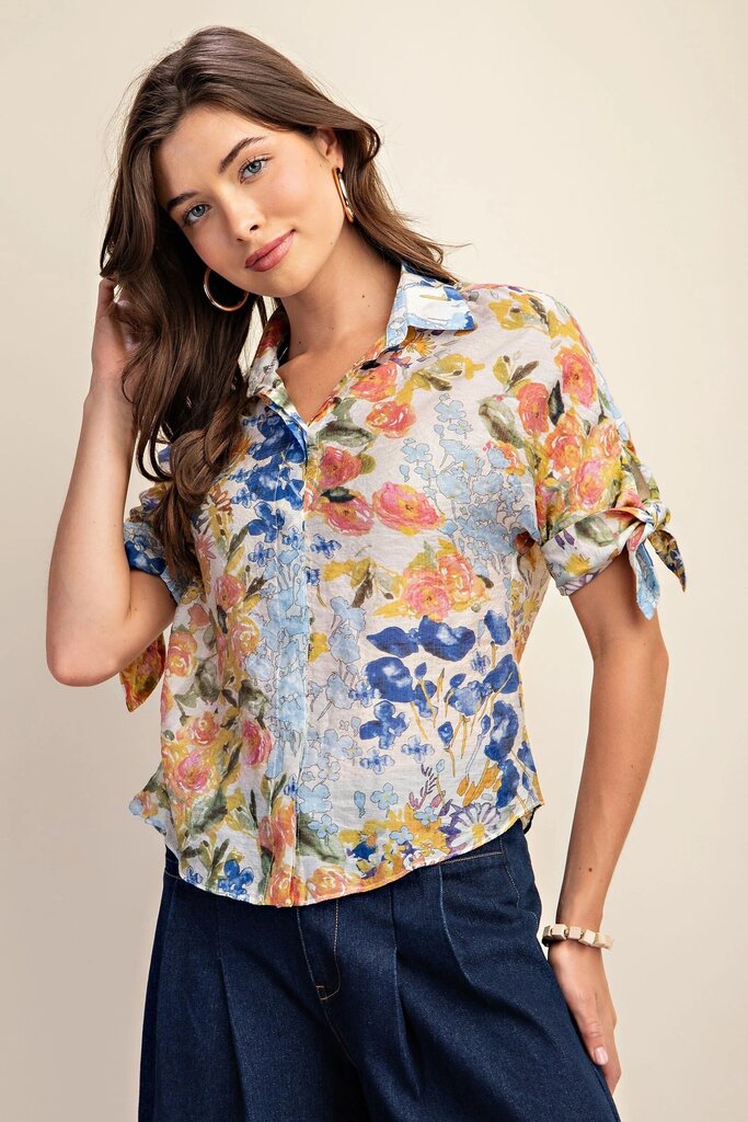 GiGio Blue Mix Floral Print Button Down Blouse with Sleeve Tie