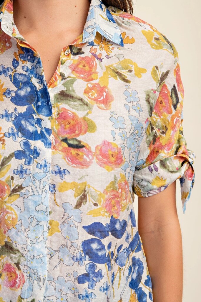 GiGio Blue Mix Floral Print Button Down Blouse with Sleeve Tie