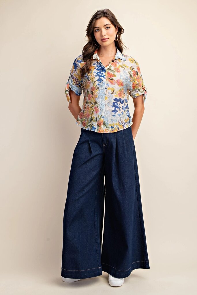 GiGio Blue Mix Floral Print Button Down Blouse with Sleeve Tie