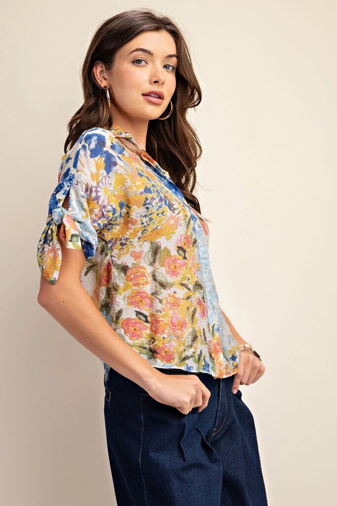 GiGio Blue Mix Floral Print Button Down Blouse with Sleeve Tie