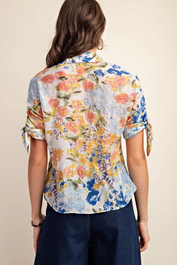 GiGio Blue Mix Floral Print Button Down Blouse with Sleeve Tie