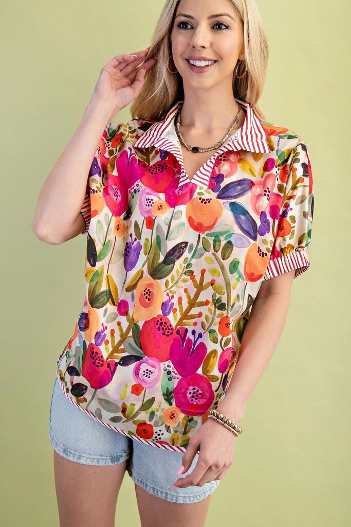GIGIO Short Sleeve Cream and Multi Bright Floral Top