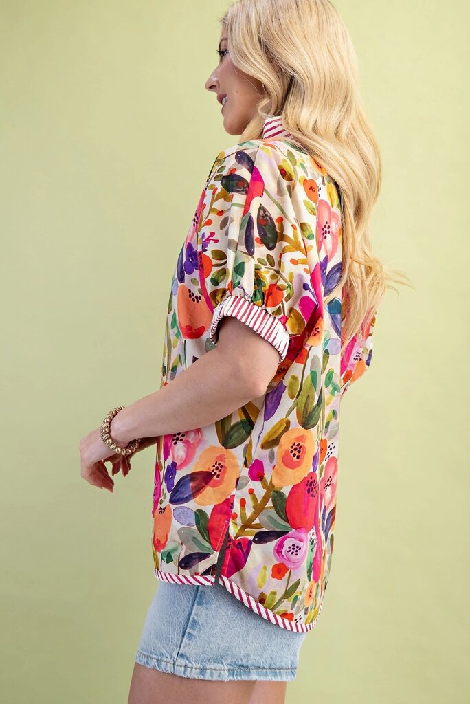 GIGIO Short Sleeve Cream and Multi Bright Floral Top