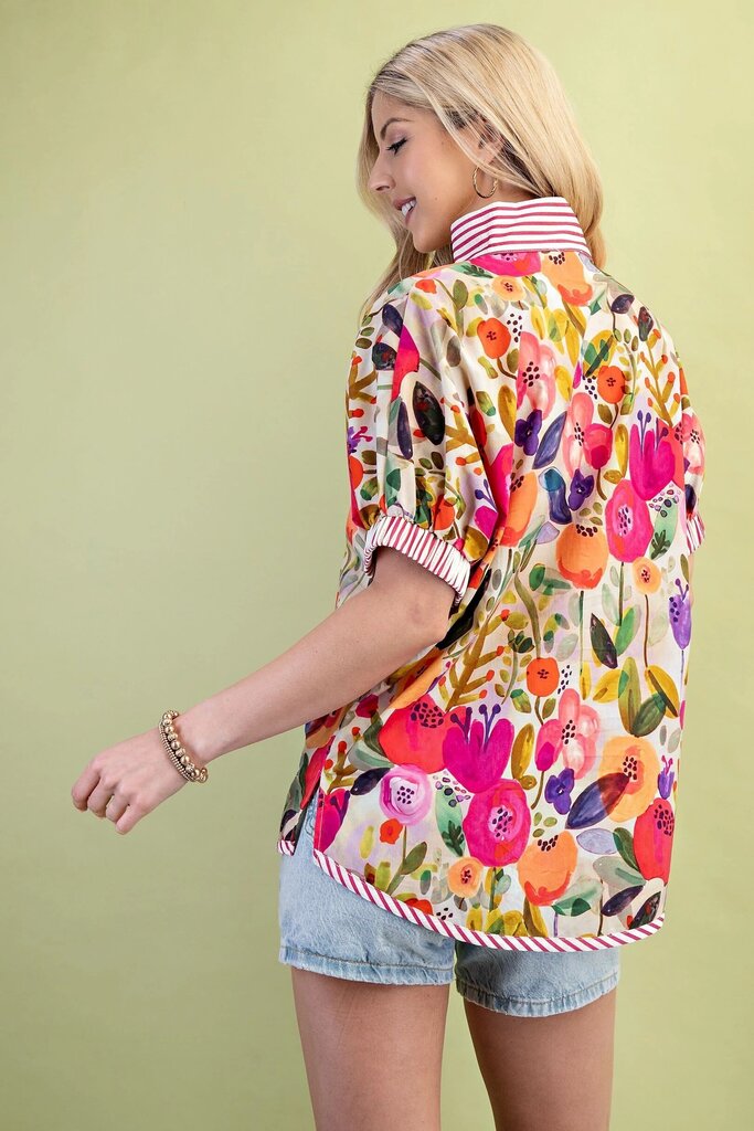 GIGIO Short Sleeve Cream and Multi Bright Floral Top