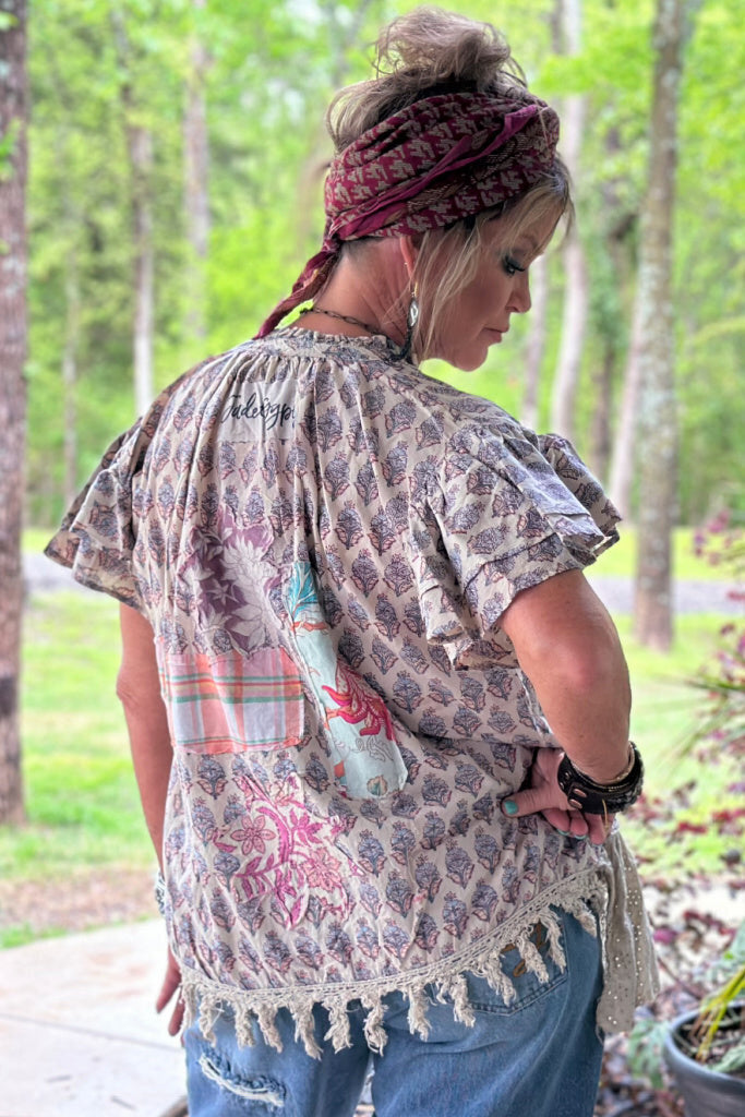 JADED GYPSY Blooming Gardens Short Sleeve Patch Cotton Top L/XL