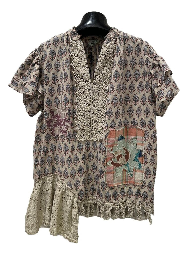 JADED GYPSY Blooming Gardens Short Sleeve Patch Cotton Top S/M