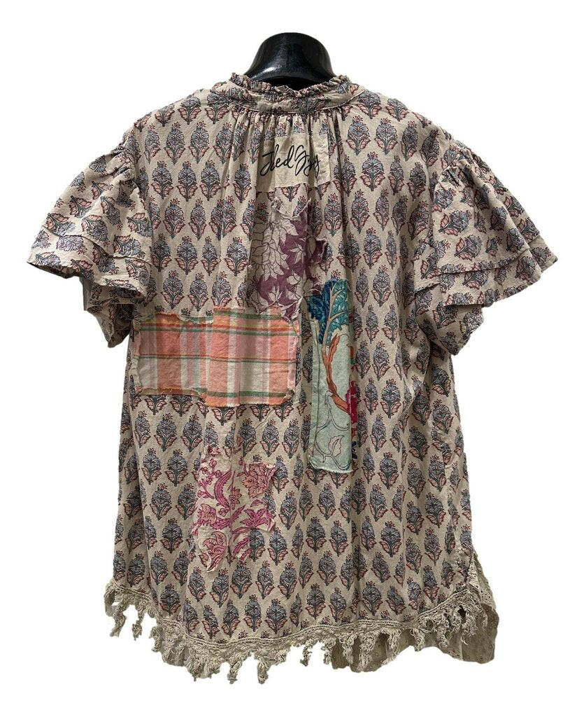 JADED GYPSY Blooming Gardens Short Sleeve Patch Cotton Top S/M