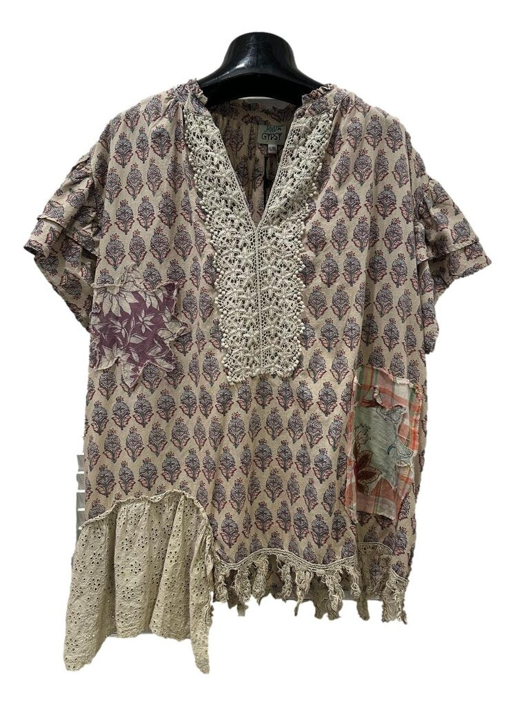 JADED GYPSY Blooming Gardens Short Sleeve Patch Cotton Top L/XL