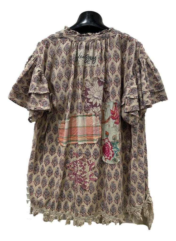 JADED GYPSY Blooming Gardens Short Sleeve Patch Cotton Top L/XL